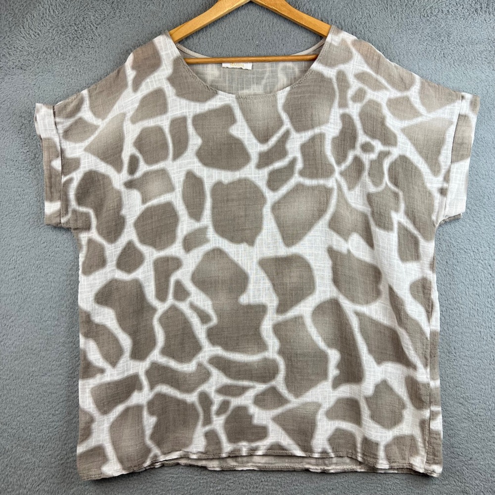 Ambra Womens Giraffe Print Cotton Blend Short Sleeve Boxy Top Taupe L/XL